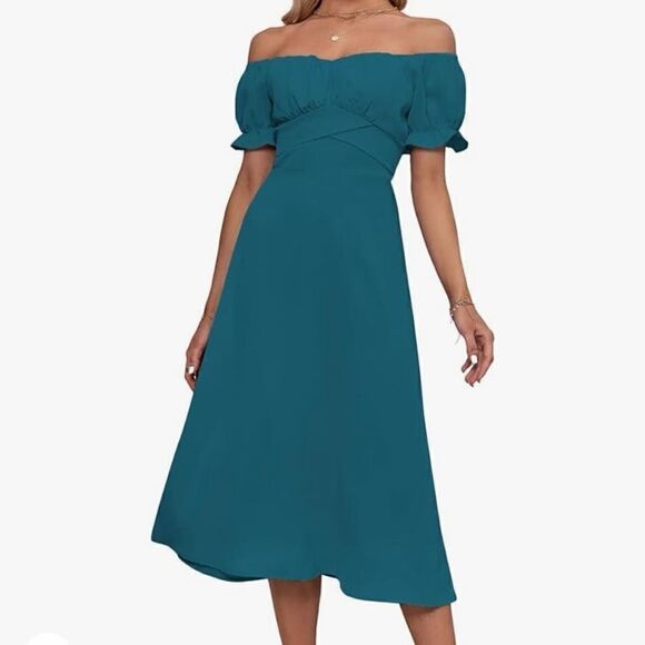 LYANER Women's Off Shoulder Ruffle Wrap Short Puff Sleeve Tie Back Ruched Dress - Picture 2 of 11